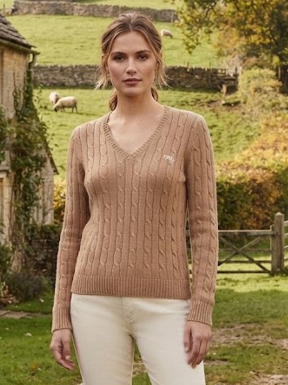 Ralph Lauren Chaps Tan Cable Knit V-Neck Cotton Sweater Size XL